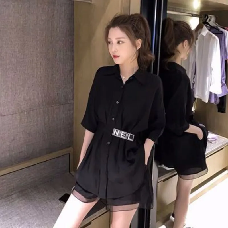 2020 Nové Organza Dve Kus Ženy Kórejský Módne Oblečenie Salónik Nosenie Polovičný Rukáv Klope Spájať Pevné Tričká + Širokú Nohu, Šortky