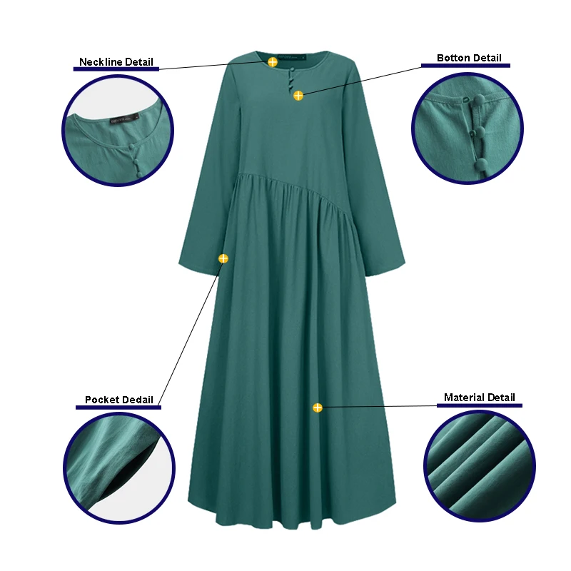 2021 Jeseň Dlhý Rukáv Sundress ZANZEA Bežné Vintage Bavlnená posteľná Bielizeň Šaty Ženy Pevné Dlhé Maxi Vestidos Ženské Šaty Plus Veľkosť