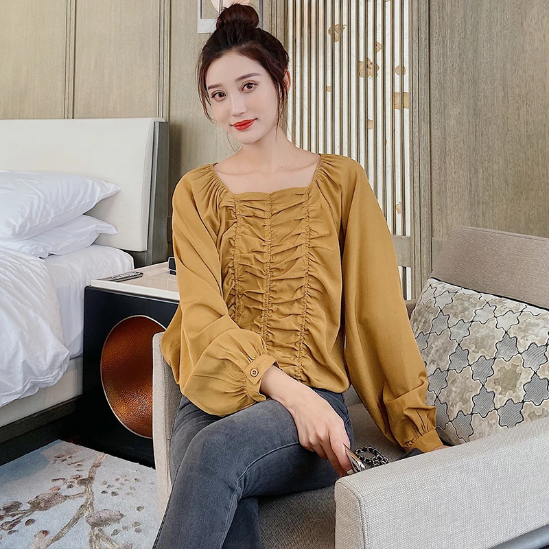2021 Jeseň Kórejský Slim Šifón Tričko Ženy Bežné Pevné Lístkového Dlhý Rukáv Pulóver Ženy, Blúzky, Plus Veľkosť Dámy Oblečenie 10698