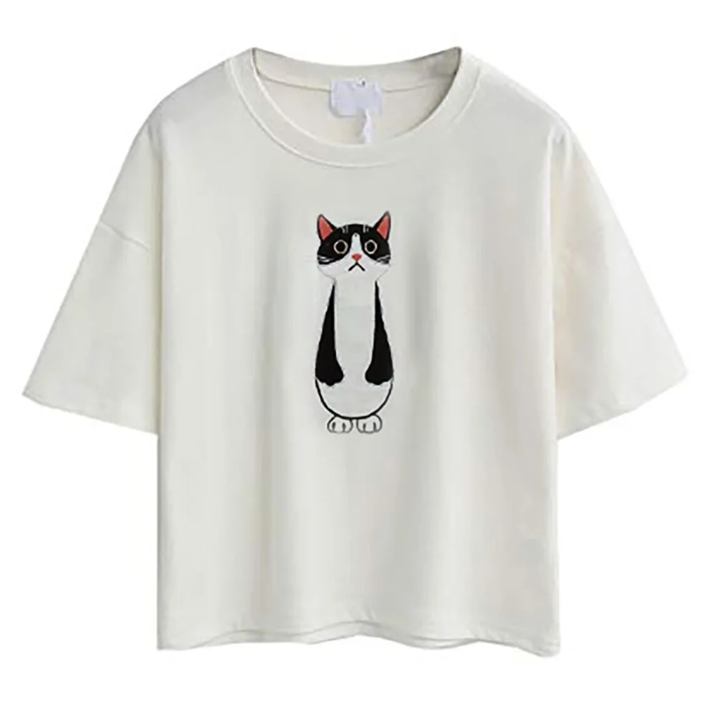 2021 Letné Bavlnené Krátke Rukávy Plodín Top T-shirt Femme Mačka Vyšívané Tričká Cartoon Ženy Móda Kaktus Top Tee Tričko