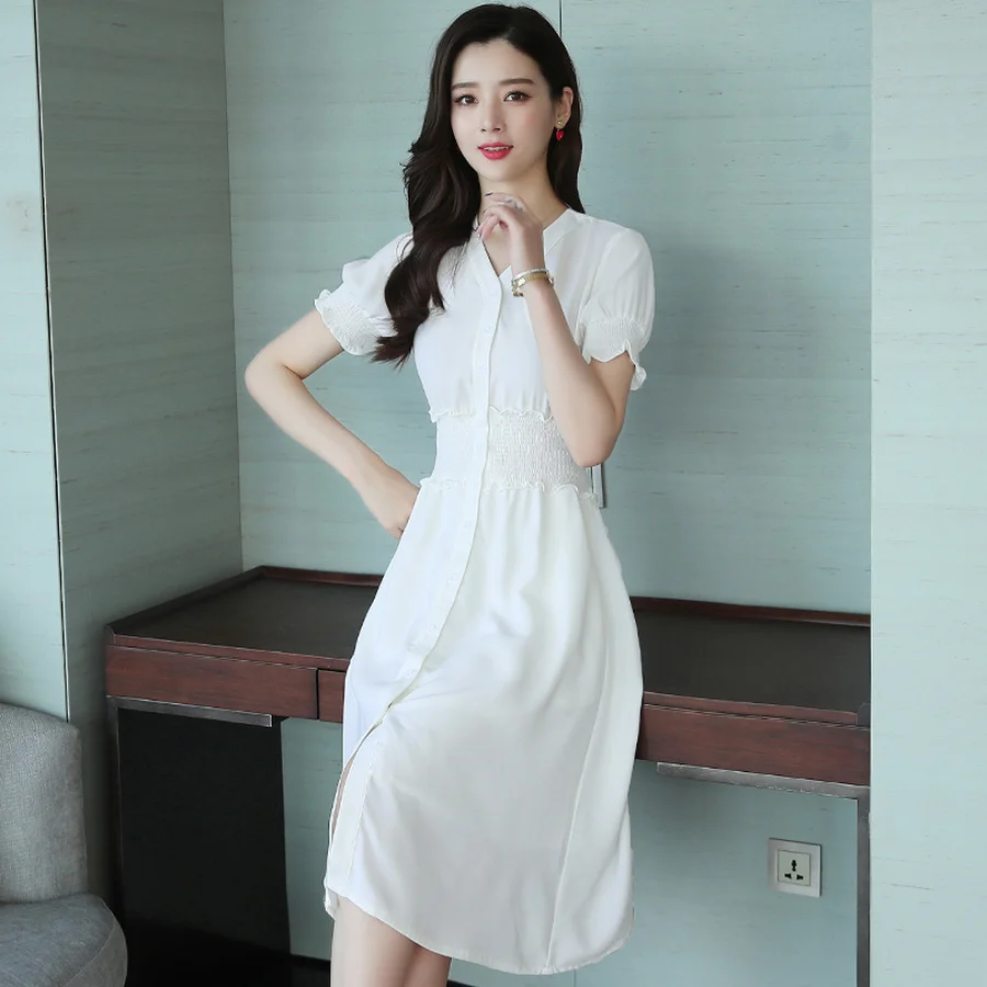 2021 Nové Plus Veľkosť Balíka Office Lady Pevné Midi Šaty Letné Kórejský Vintage White Boho Sundress Ženy Bodycon Strany Elegantné Vestidos