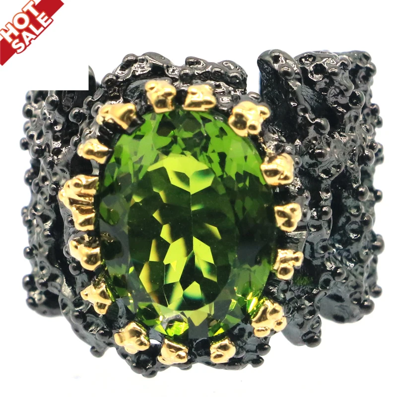 25x20mm Jedinečné Veľké Ťažké 18.5 g Krúžky Pre Človeka Ručne Vytvorené Zelené Peridot Cool Čierna Farba, Kov Gotický Ulici Šperky