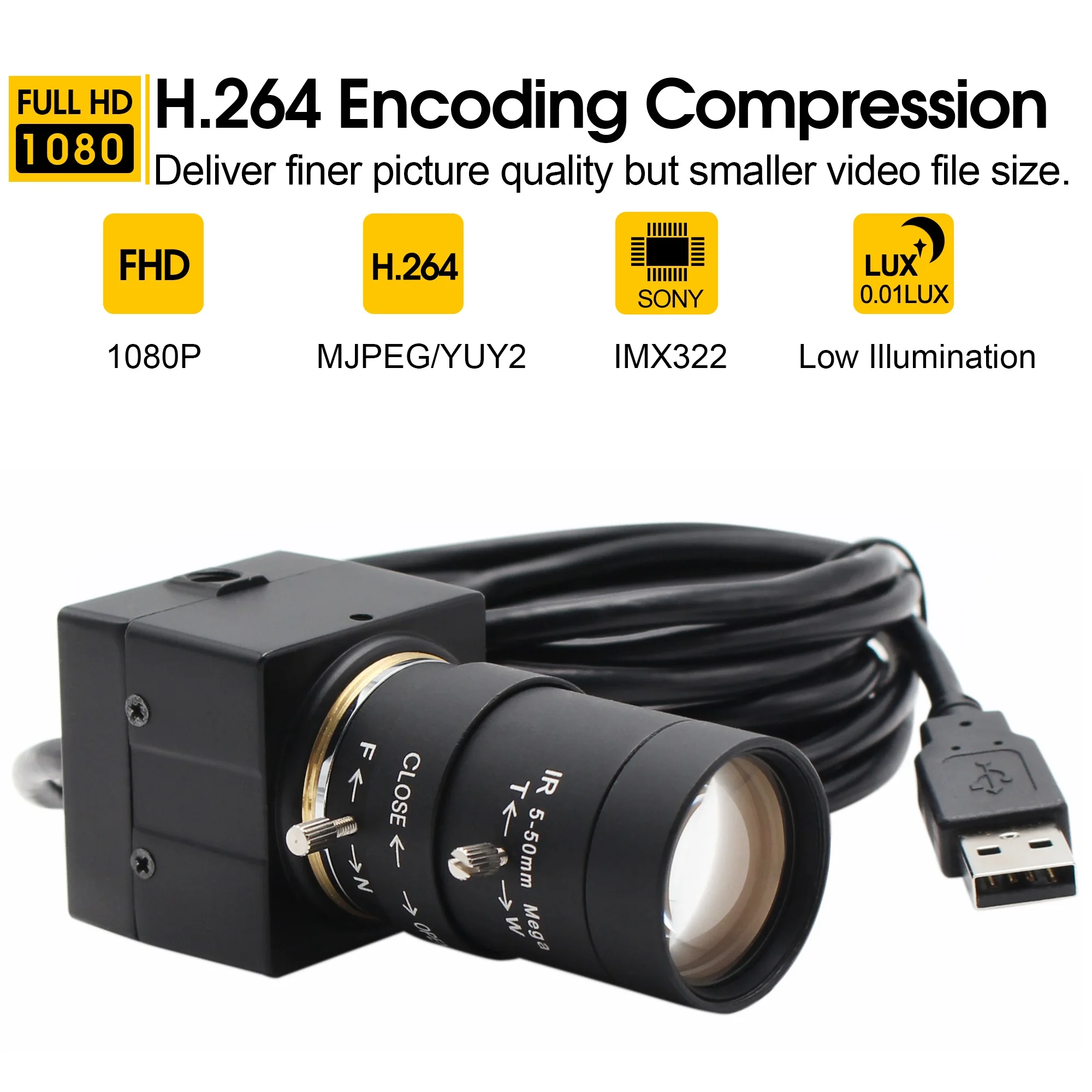 2MP 1080P bezpečnostné Kamery Sony IMX322 senzor H. 264 Nízke osvetlenie 0.01 Lux Priemyselného Strojového Videnia Mini usb video kamera