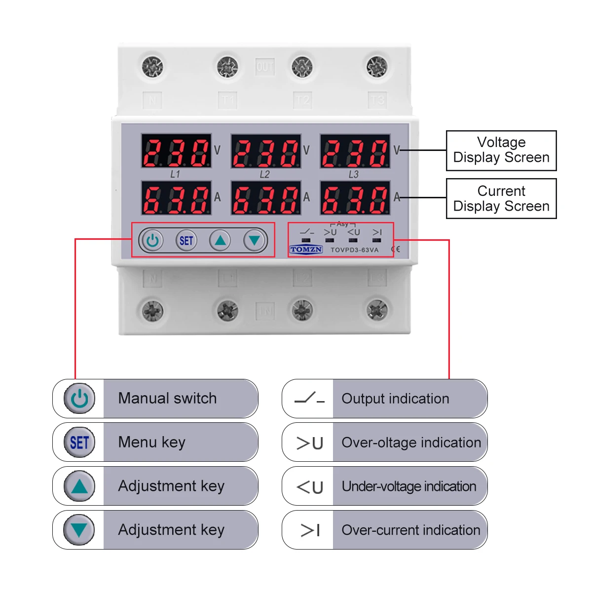 3 Fázové 380V Din lištu Voltmeter Ammeter nastaviteľné Nad a Pod Napätie aktuálny limit ochrany Monitor Relé Protector