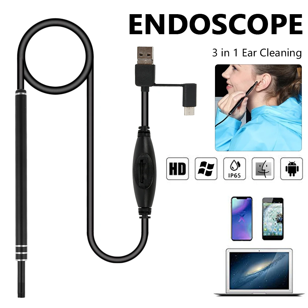 3 V 1 Ucho Čistenie Endoskopu Fotoaparát 6 LED 5,5 mm HD USB Otoscope Endoskopu Visual Ucho Lyžice Micro Inšpekcie Fotoaparát Endoskopu