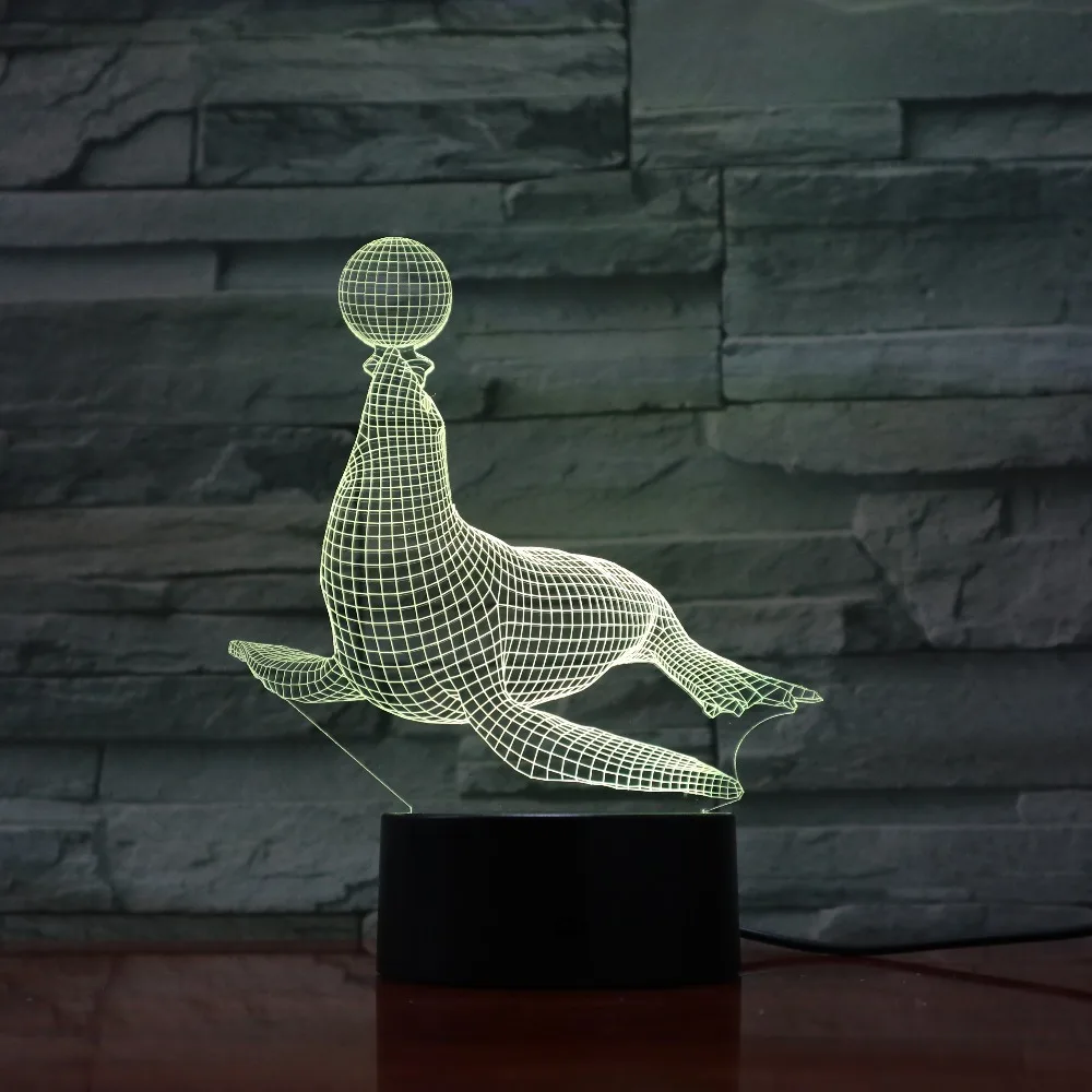 3D-1208 Roztomilý Narvala Tesnenie s Loptou, 3D stolná Lampa LED Farebné Nočného Deti Narodeninám USB Sleep Osvetlenie