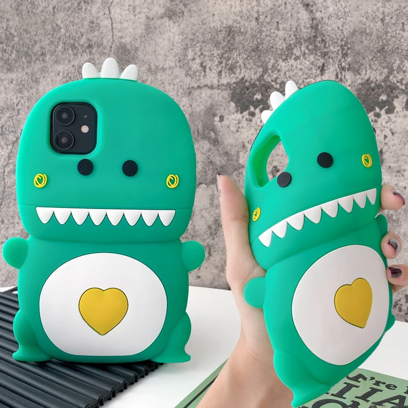 3D Roztomilý Kreslený Srdce Dinosaura Telefón puzdro pre iPhone 12 Mini 11 Pro Max XR X XS Max 7 8 Kawaii Mäkké Silikónové Shockproof Kryt