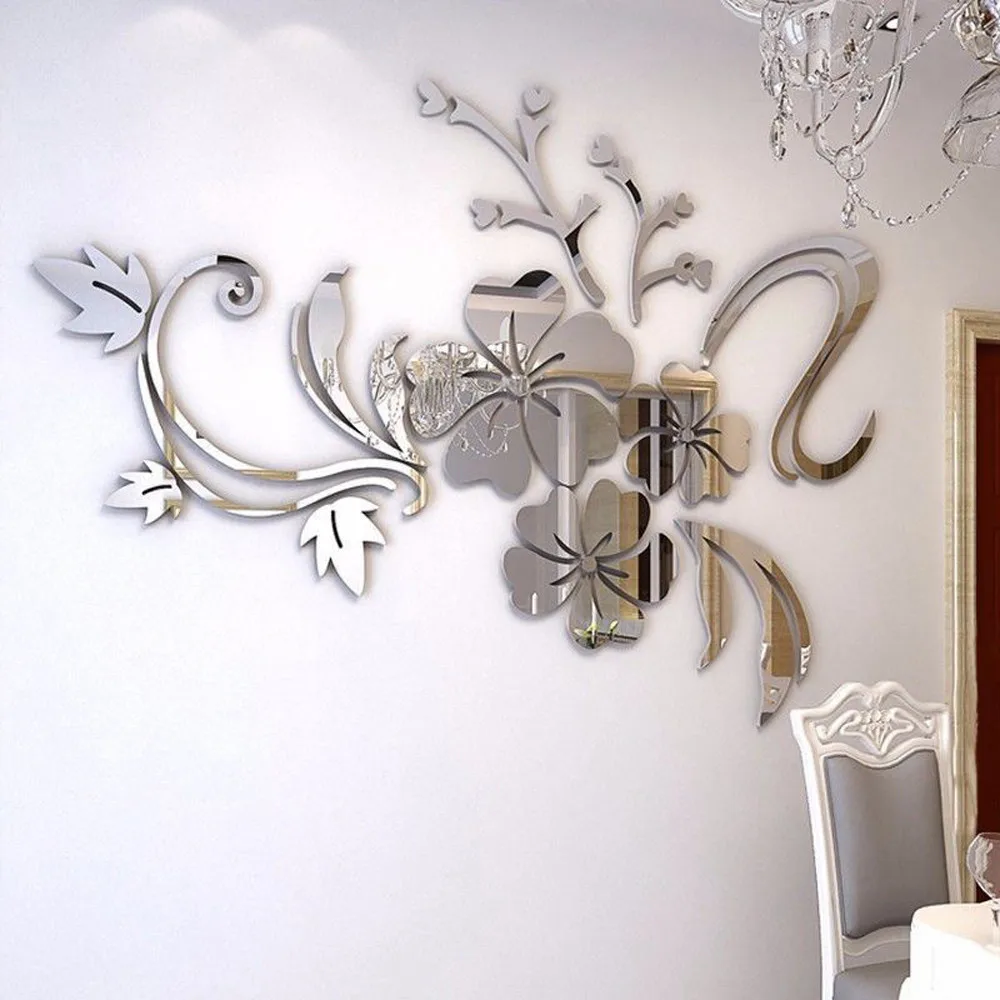 3D Zrkadlo Kvetinový Umenie Odnímateľné Steny Nálepky Akryl nástenná maľba Odtlačkový Domov Izba Dekor