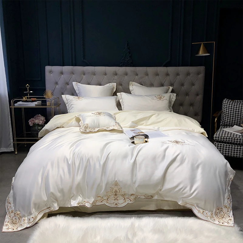 4 Kusy Luxusná Saténová Bavlna Výšivky posteľná bielizeň sady Dvojité Kráľovná King size postelí perinu posteľ list nastaviť obliečky na Vankúše