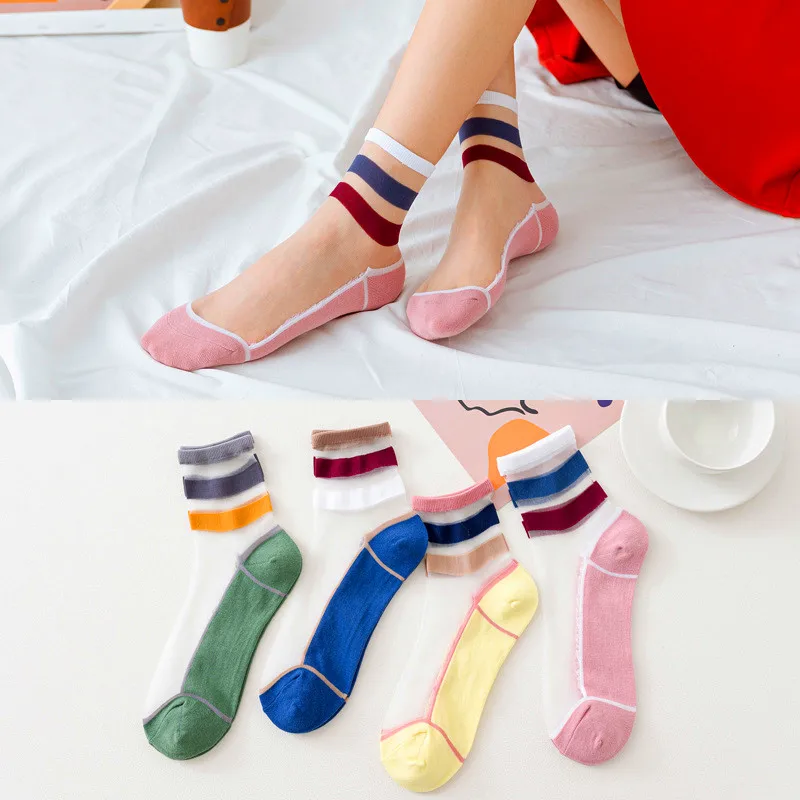 4 Páry Ženy Ponožky Letné Nové Ženské Vata Farebná Mozaika Pruhované Ponožky Dievčatá Roztomilé Ponožky Transparentné Krátke Ponožky