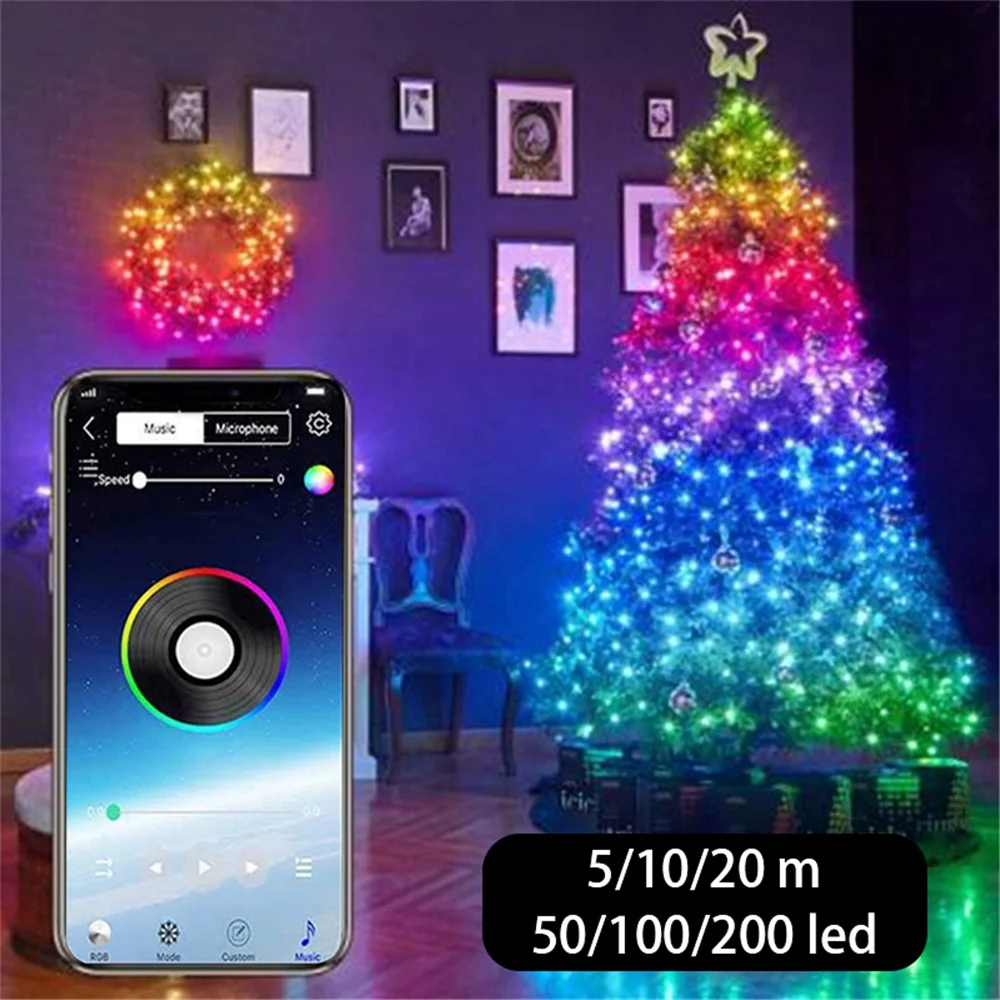5M/10M/20M Vianočný Stromček Led Reťazec Svetlá s Bluetooth Smart App Remote Control Vianočné Domova Rozprávkových Svetiel Garland