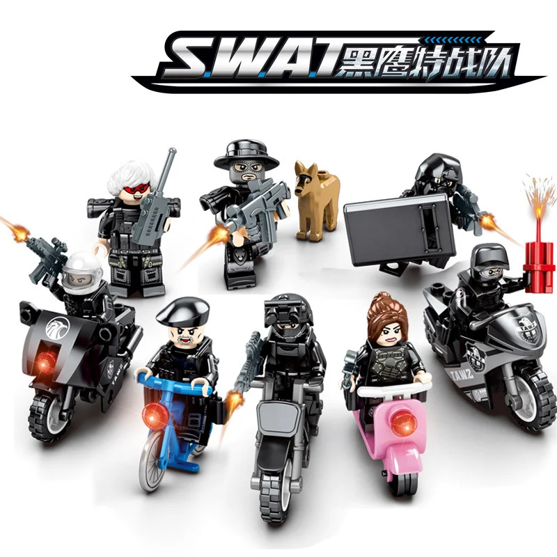 8ks/veľa Detí vzdelávacie stavebným hračka Kompatibilné Legoingly mesto SWAT človek zbraň motocykel, auto chlapec vojenské hračky darček