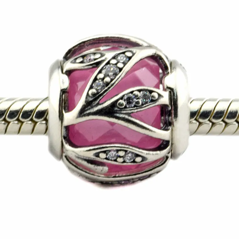 925 Sterling Silver Ružovými Zirkónmi Prírody Žiara Charms Korálky S Brand Logo Hodí Značky Náramky Šperky Robiť