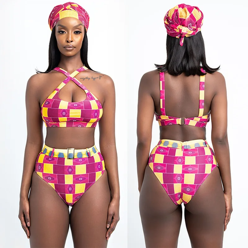 Africké Bikini Set Vysoký Pás Plavky Žena, Plavky Pad Dva Kúsok Indie Folk Tlač 2021 Pláži Ohlávke Krku Kríž Plavky