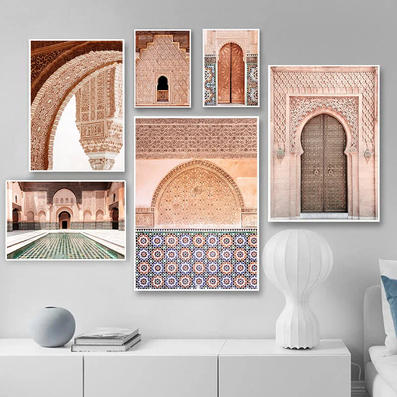 Alah Islamskej Architektúry Plagát Marocký Dvere Moslimské Mešity Wall Art Print Obrázok Plátno Na Maľovanie Obývacej Miestnosti Dekorácie