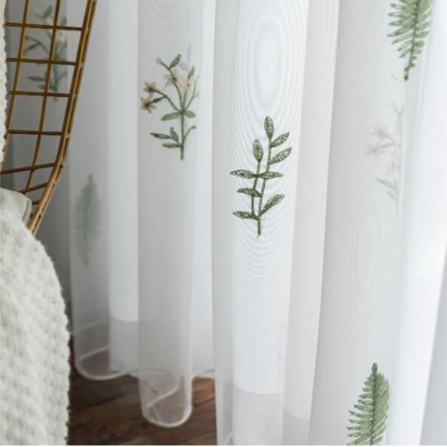 Americký pastoračnej zelená rastlina, kvet výšivky tylu závesy pre obývacia izba biela oka, spálne, priadze, textílie MY485#4