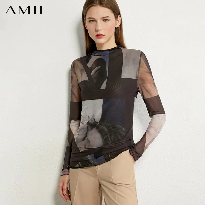 AMII Minimalizmus Jeseň Móda Tlačené Ženy Tričko Topy Príčinné Slim Fit Celý Rukáv Žena Tričko 12020352