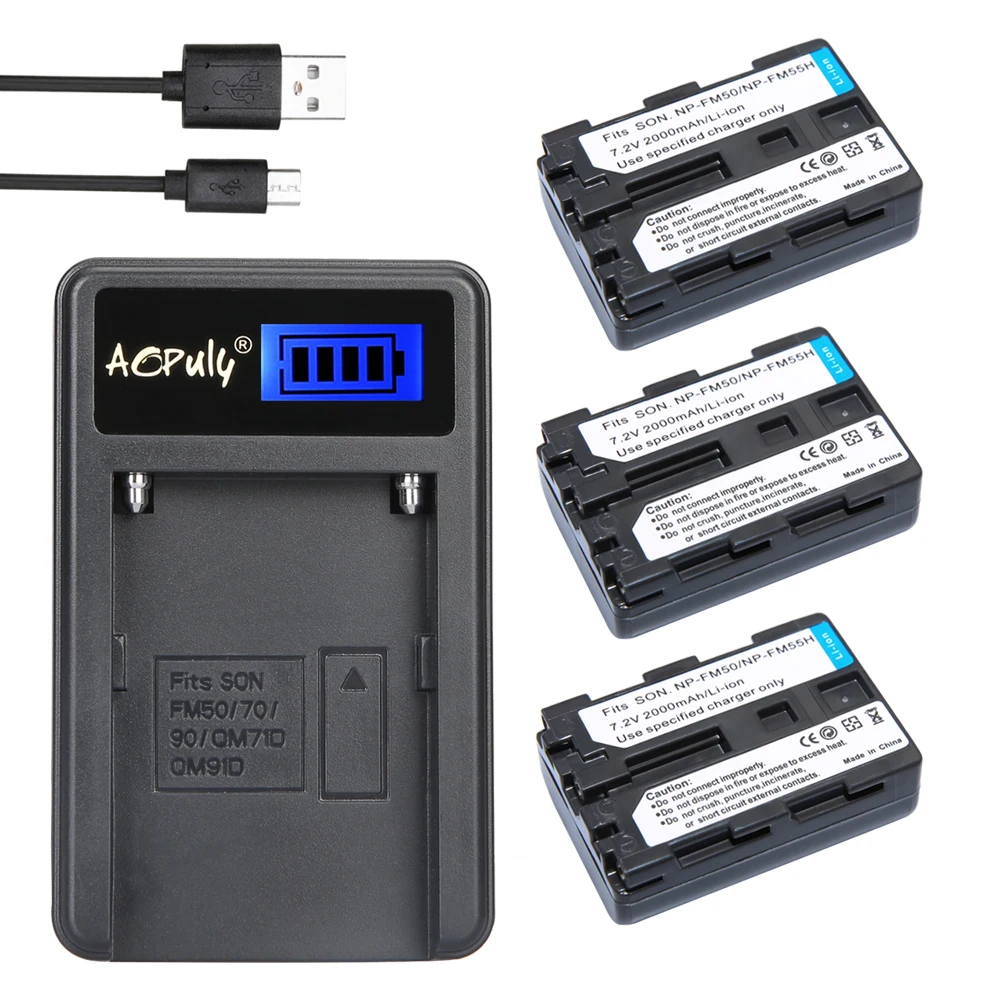 AOPULY 3ks Batérie + LCD USB Nabíjačka, NP-FM50 NP FM50 Fotoaparátu, Nabíjateľná Batéria Sony NP-FM51 NP-QM50 NP-FM30 NP-FM55H