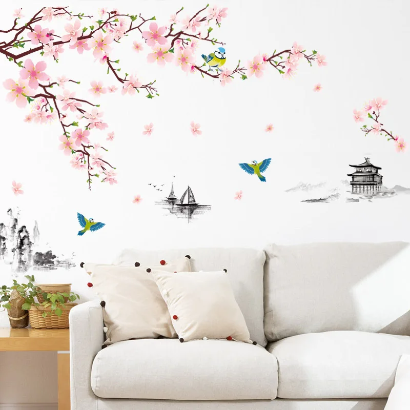 Atrament maľovanie peach blossom krajiny stenu, nálepky Čínsky štýl, tapety obývacia izba gauč pozadí výzdoba domov nálepky