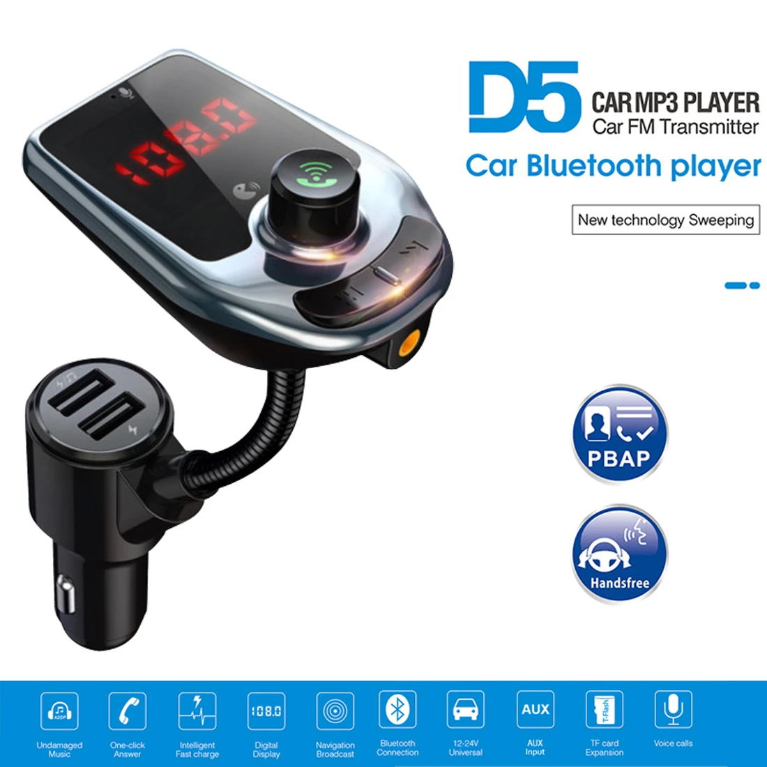 Auto Bloothtooth 5.0 MP3 Prehrávač, Bezdrôtové Hands free Súprava s AUX Auto FM Duálny USB Nabíjačka Telefónu Podpora TF Kariet