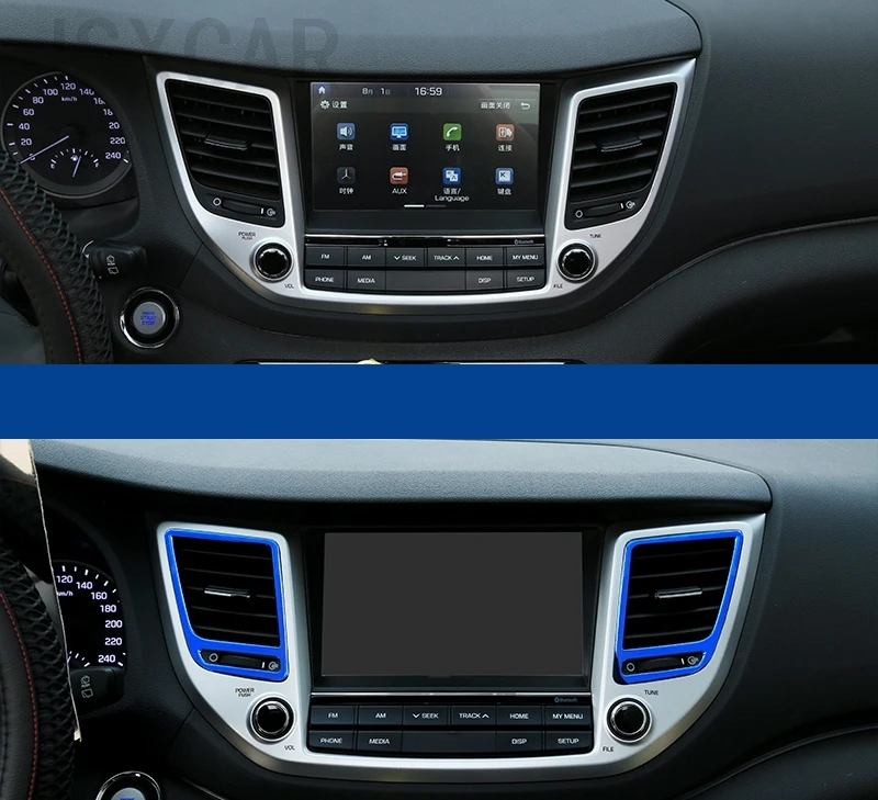 Auto, Interiér Navigácia Ovládací Panel klimatizácie zásuvky Dekoratívne Rám, Kryt Výbava Pre Hyundai Tucson-2018