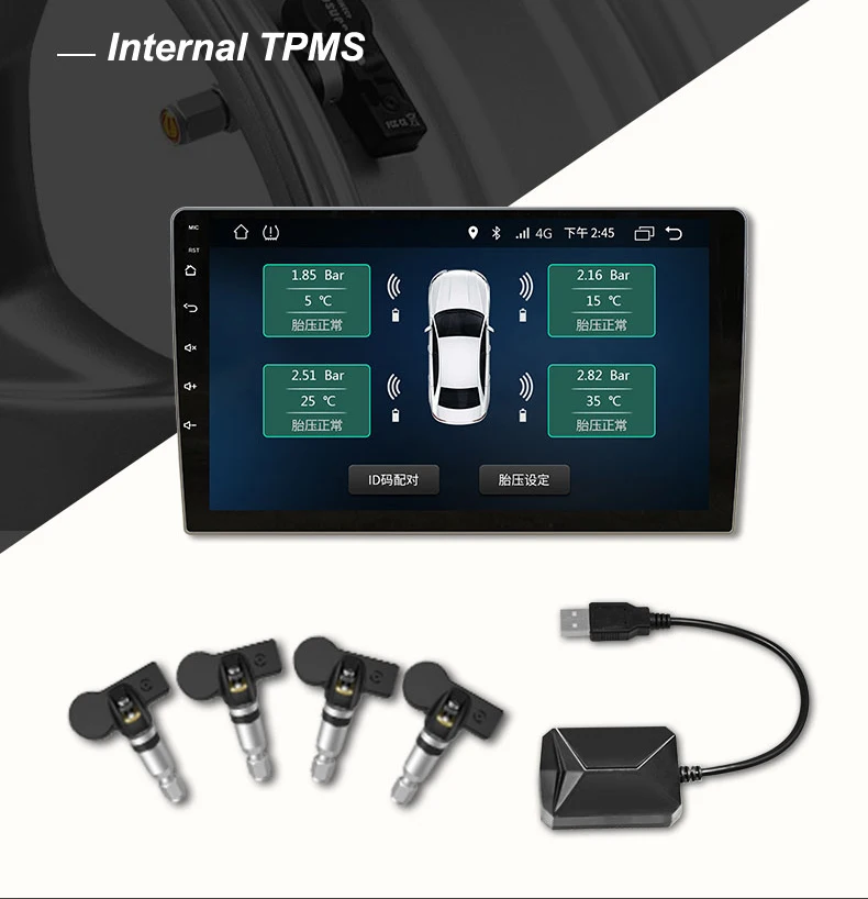 Auto TPMS USB Sledovanie Tlaku v Pneumatikách safty Systém Pre Android 9.0 Auto DVD Prehrávač, 4 Senzory Alarm Pneumatiky Teplota
