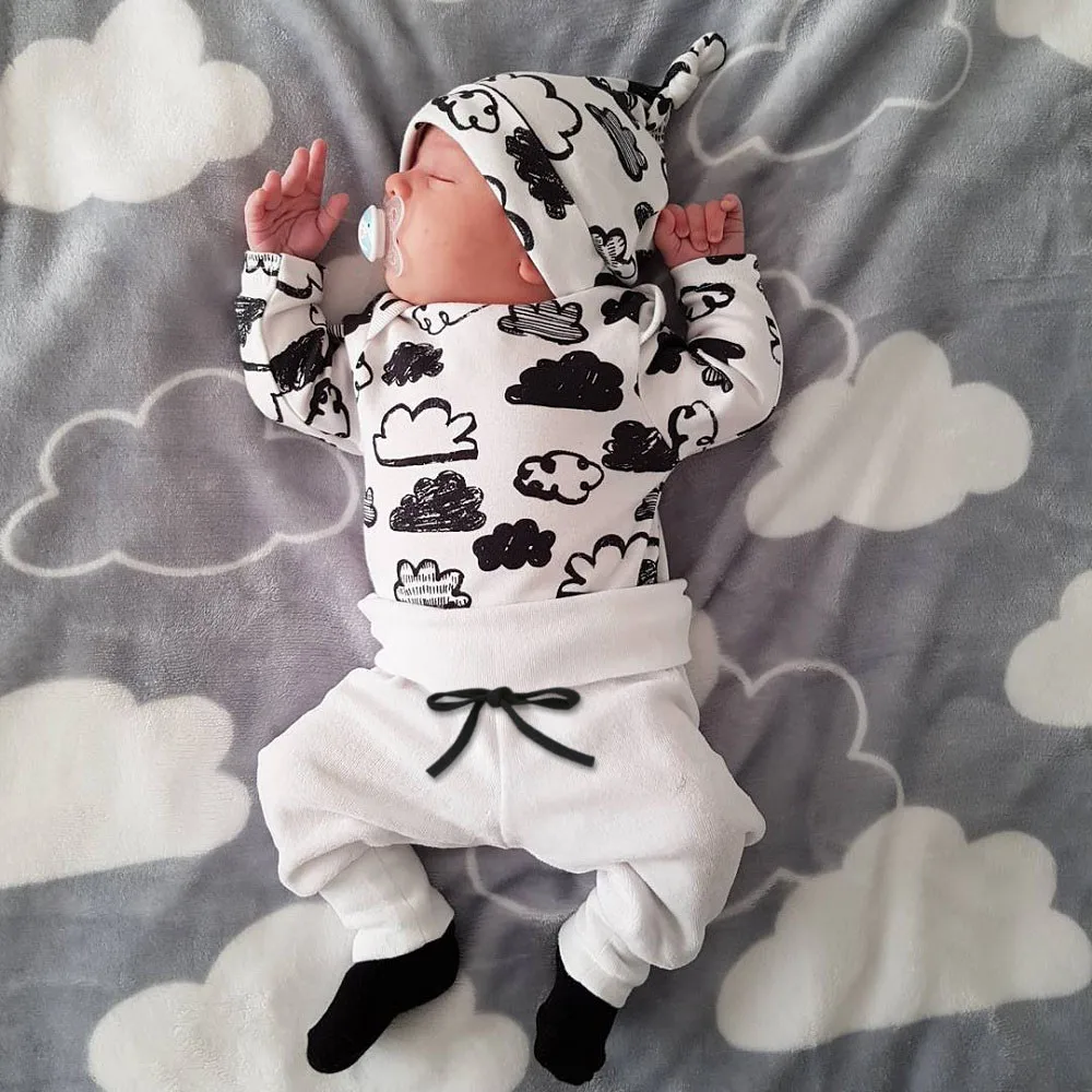 Baby Boy Šaty 2020 Jeseň Dieťa Dievča Oblečenie Sady Novorodenca Bavlna Cloud Vytlačené Dlho Puzdre tričko+nohavice+spp Deti 3ks Oblek