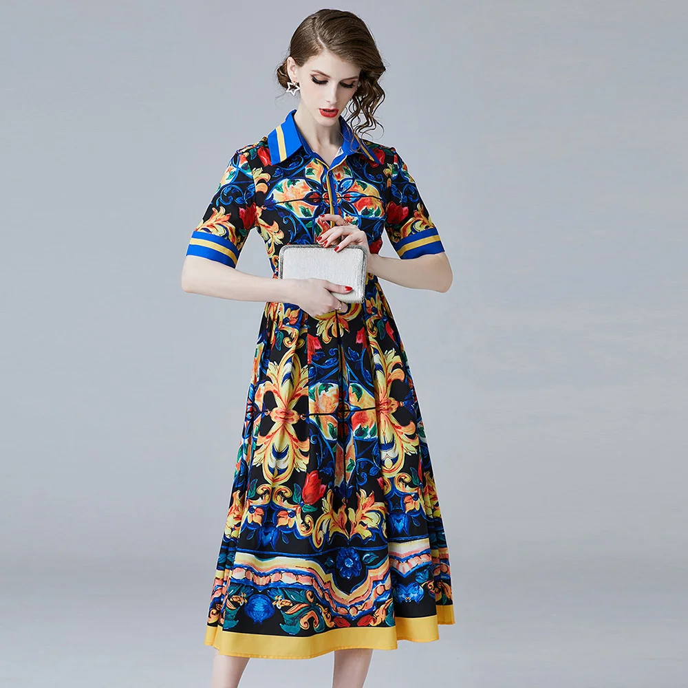 Banulin Nové 2019 Lete Dizajnér Dráhy Maxi Šaty dámske Krátky Rukáv Vysoko Kvalitný Elegantný Tlač Vintage Blue Dlho Party Šaty