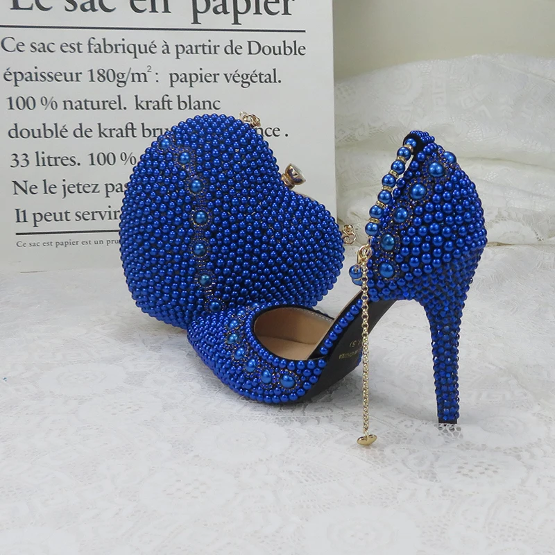 BaoYaFang 2020 nové Dorazí svadobné topánky s príslušnými tašky Vysoké Podpätky Srdce kabelku royal blue pearl strany topánky a tašky
