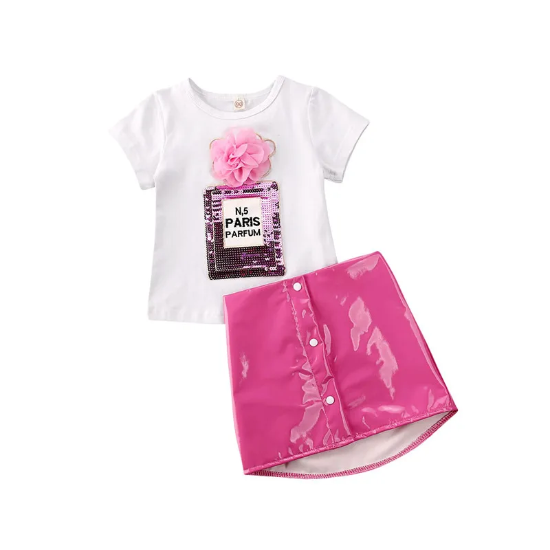 Batoľa Detská Dievčatá Oblečenie, detské Letné Princezná 3D Kvet Krátky Rukáv O-neck T-Shirts Kožené Mini Sukne Oblečenie, Oblečenie