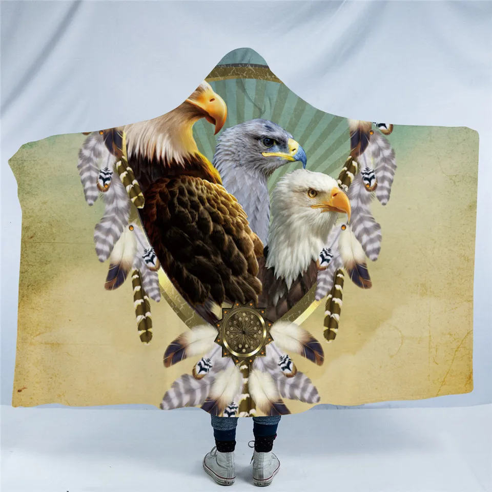 BeddingOutlet Eagle Zber Kapucňou Deka 3D Tlač Sherpa Fleece Nositeľné Deka Dospelých Dreamcatcher Hodiť Deka 150x200
