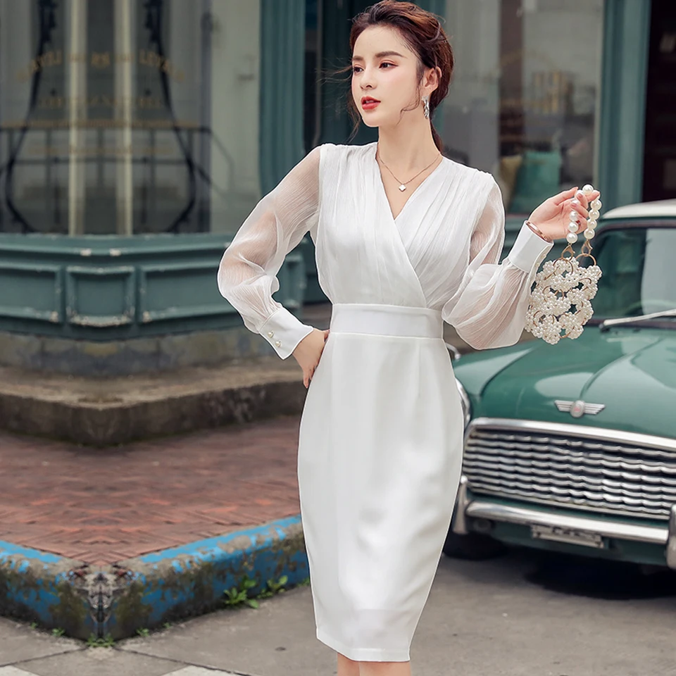 Biela Elegantná Party Šaty 2020 Jeseň Priesvitné Šitie Lístkového Rukávy Sexy Tvaru Vysoký Pás Temperament Office Šaty Ženy