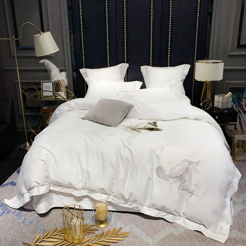 Biela Luxusná posteľná bielizeň z Egyptskej Bavlny Nastaviť Výšivky Perinu Posteľná Bielizeň Ploché Lôžko List obliečka na Vankúš kráľovná king bed kryt #s