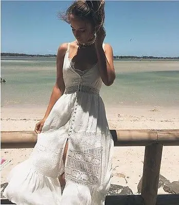Biela Vestidos 2019 Letné Módy Sexy Ženy Popruh V Krku Háčkované Čipky Pás Skater Šaty Bežné pláži Boho Dlho Maxi Šaty