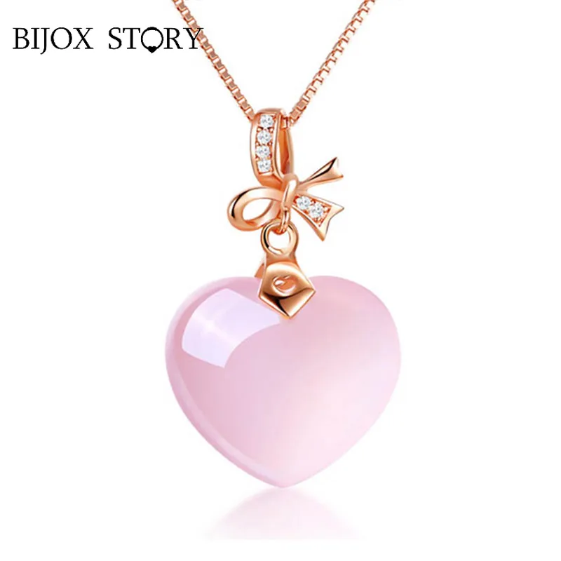 BIJOX STOR trendy 925 strieborných šperkov náhrdelník so srdcom tvaru ruže kremeňa prívesok pre ženy Svadobný Sľub, hostiny, Párty darček
