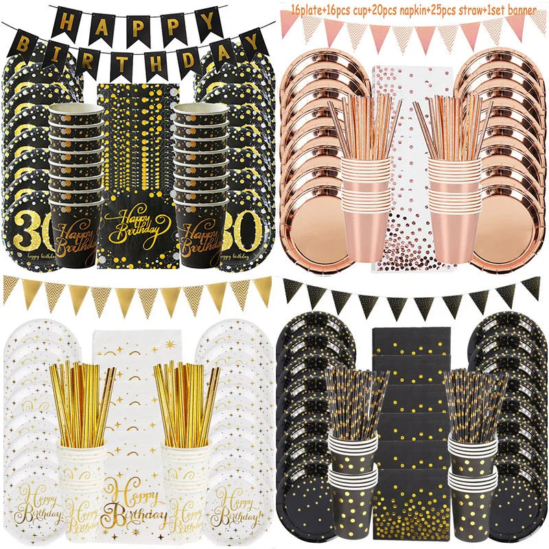 Black Gold Strany Jednorázový Riad Nastaviť 30 40 50 Rokov Happy Birthday Party Dekorácie Dospelých Výročie Dekorácie Dodávky