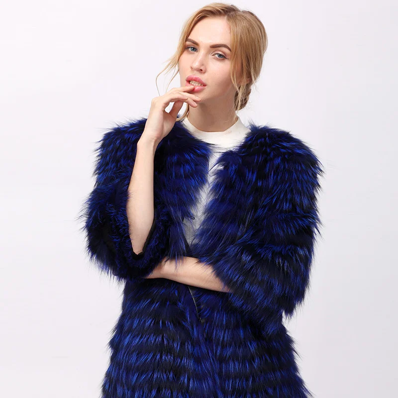 CNEGOVIK kožušinový kabát silver fox Farbené modrá 78 cm dlhé