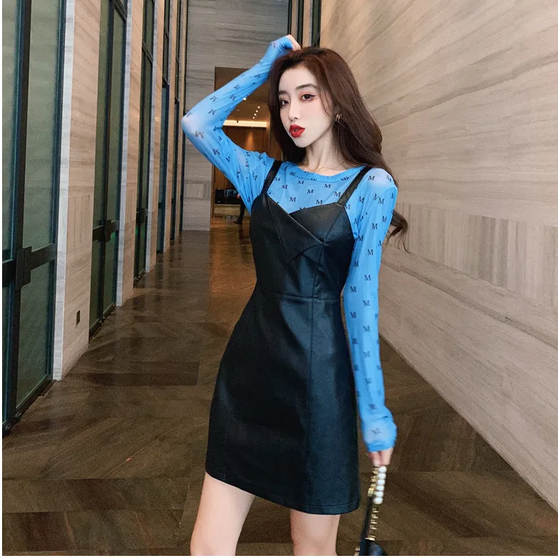 COIGARSAM Ženy jednodielne šaty kórejský Nové Špagety Popruh Šaty Bielej Blúzke Modré Kožené 8932