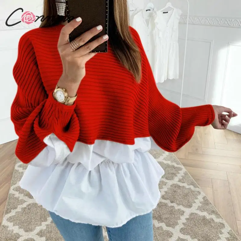 Conmoto volánikmi patchwork jeseň zima sveter jumper ženy streetwear kórejský harajuku sveter bežné blusas sveter