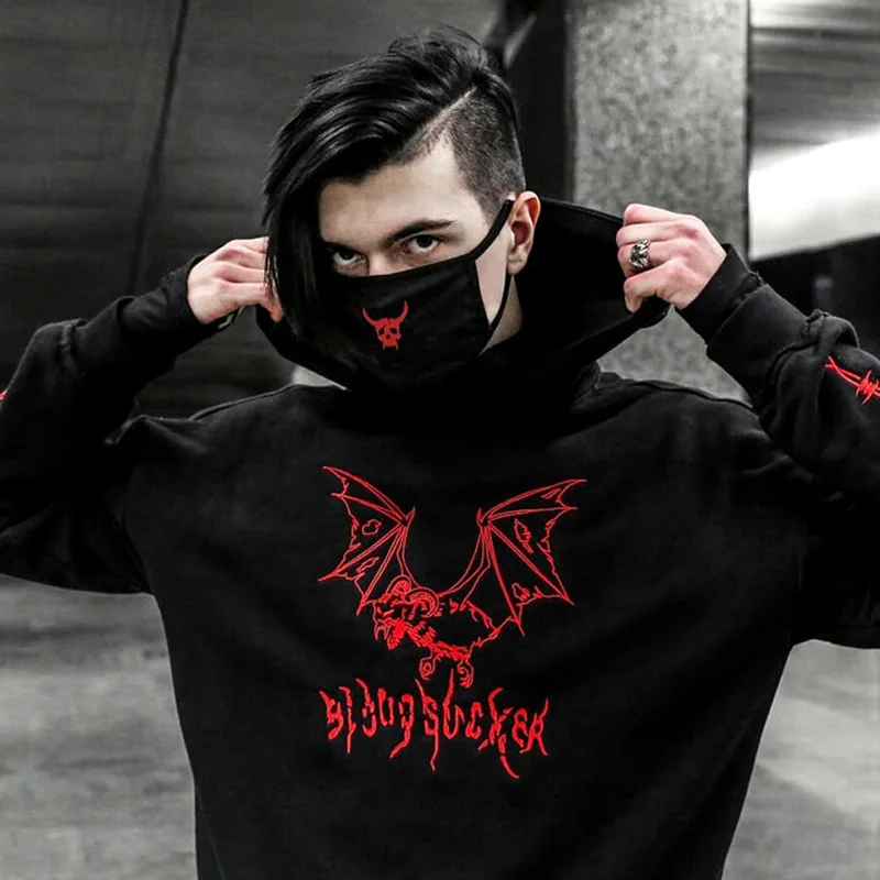 Cool Fashion Bežné Gotický Koza Demon Bat Výšivky Pollover Čierna Mikina ťažkých kovov štýl hoodies sudadera Punk fleece