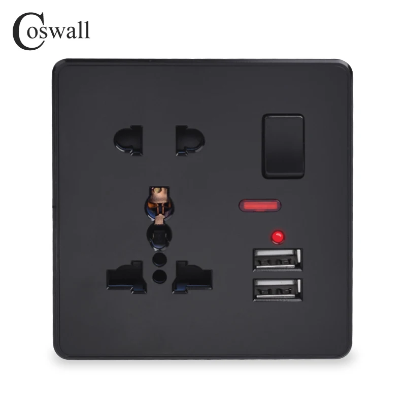 Coswall Sieťovej napájacej Zásuvky 13A Univerzálne 5 Diera sieťová Zásuvka S Neon 2.1 Dual USB Nabíjací Port LED indikátor Čierna Farba
