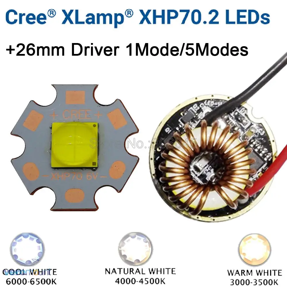 Cree XHP70.2 6V studená Biela Neutral Biela Teplá Biela Vysoký Výkon LED Žiarič 16 mm 20 mm Meď PCB + 26 mm 1 Režime alebo 5 Režimov Ovládač