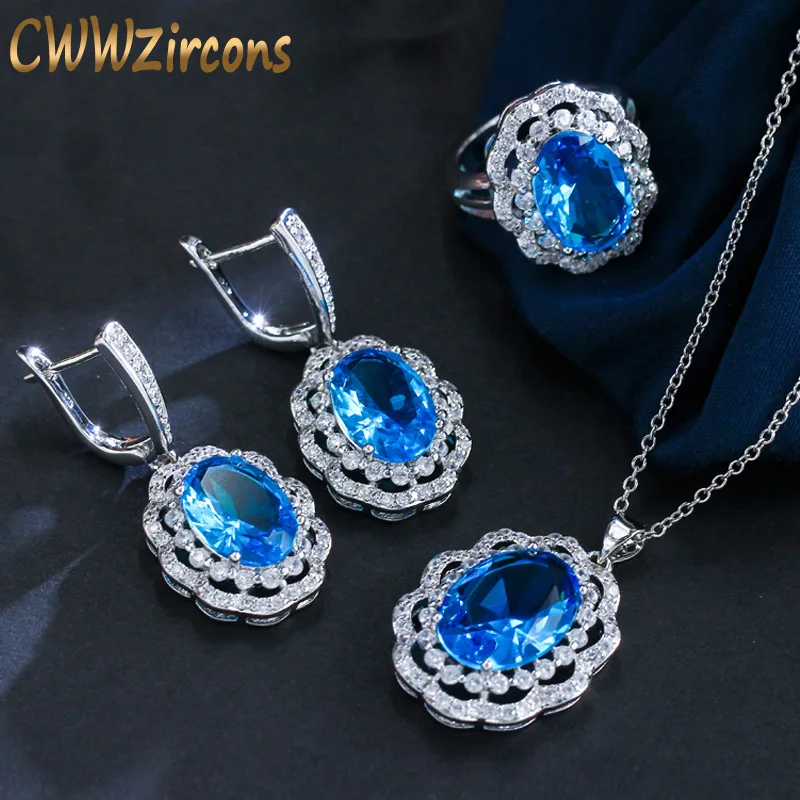 CWWZircons Vintage Ženy Kostým, Doplnky, Luxusné Veľké Oválne Svetlo Modré Crystal Šperky Súpravy S Cubic Zirconia Kamene T012