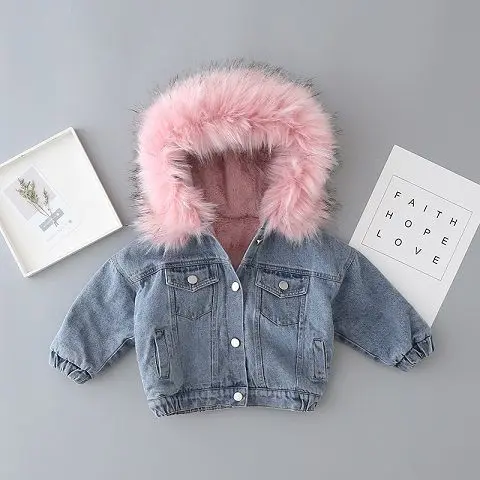 Detské oblečenie pre chlapcov a dievčatá jesenné a zimné bundy velvet zahusťovanie deti denim jacket veľké luxusné kožušiny golier