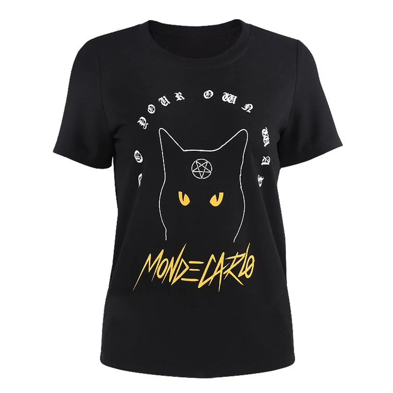 Dievčatá Gotický Pentagram Symbol Vzor Mačka List Vytlačiť T-shirt Harajuku Bežné Tumblr Žena Topy Tee Lete Ženy Tričká