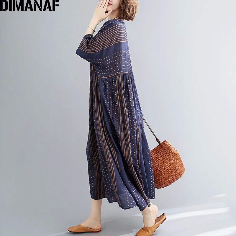 DIMANAF Lete Plus Veľkosť Šaty Maxi Vintage Bavlna Pruhované Tlač Ženy Oblečenie Elegantná Dáma Vestidos Sundress Voľné Skladaný 5XL
