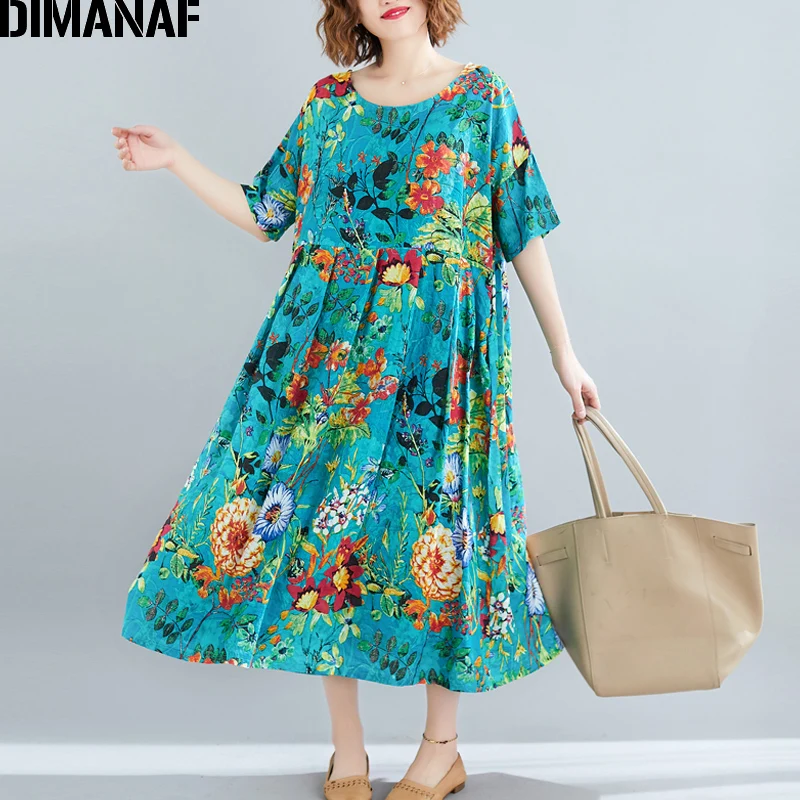 DIMANAF Plus Veľkosť Ženy Plážové Šaty Letné Sundress Bavlna Žena Vestidos Lady Dlhé Šaty Tlač na Kvetinový Voľné Veľká Veľkosť 5XL 6XL