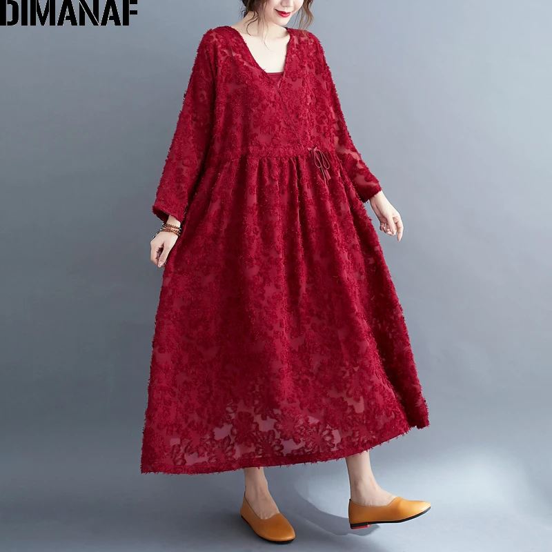 DIMANAF Plus Veľkosť Ženy Šaty Jeseň Oblečenie Elegantná Dáma Vestidos Vintage Žakárové Voľné Skladaný Dlhý Rukáv Šaty S Oknami