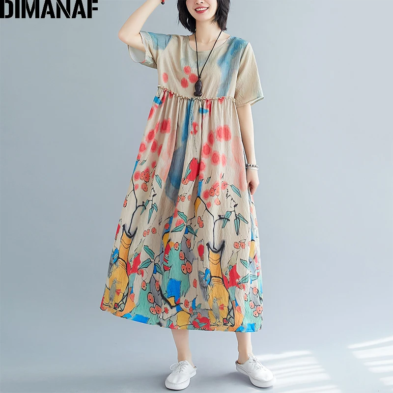 DIMANAF Plus Veľkosť Ženy Šaty Žena Vestidos Lete Sundress Oblečenie Prairie Elegantné Voľné Tlač na Kvetinový Lady Elegantné Dlhé Šaty