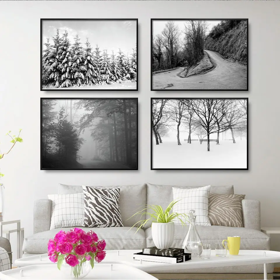 Domáce Dekorácie Tlač na Plátne Obraz Wall Art Obrazy Olej bez rámu Výkresy Čierny a biely les snehu scenérie